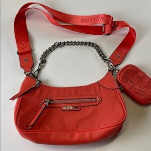 Madden NYC Orange Nylon Shoulder Bag Chain Strap Crossbody w Mini Pouch